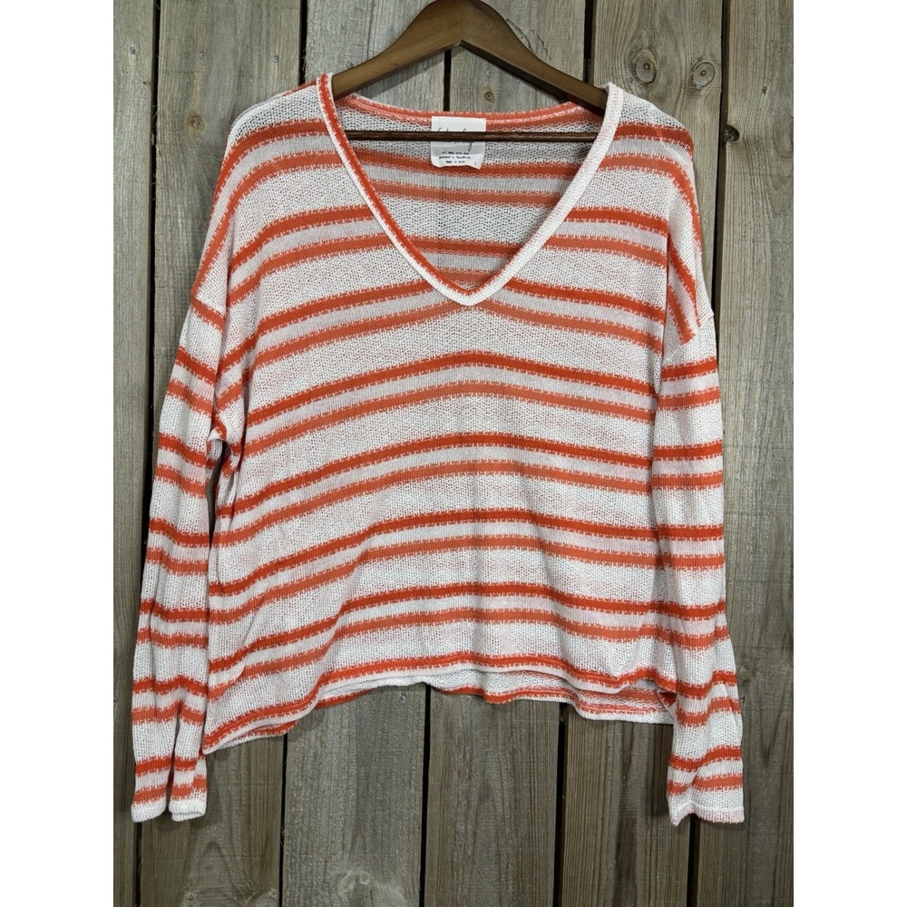 Sadie & Sage Women's Striped Open Knit V-Neck Lightweight Sweater Top Size L USA